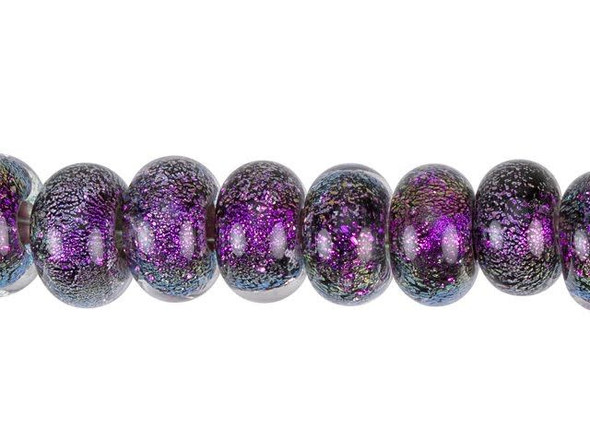 Liven up your style with these Grace Lampwork beads. These beads feature a classic roundel shape that will work in a variety of styles. Try them as spacers in necklaces and bracelets or make them the focal of an earring design. These beads feature an amazing dichroic display of purple and silver color, with a subtle fiery gleam. These beads are available by the strand, giving you ten beautiful beads to work with.This item is handmade, so appearances may vary. Diameter 9-10mm, Length 5.5-6mm