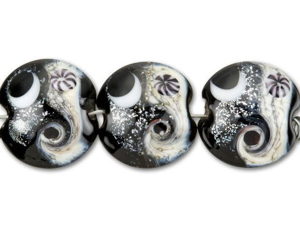 Take your looks to a new escape with these Grace Lampwork beads. Each small, rounded bead is handmade from lampwork glass and displays a nighttime beach scene, complete with a black sky and silver glitter stars. The creamy sand beach echoes with a wild crashing wave and a single nautilus shell, a tiny detail that rises off the surface of the bead. Use these beads as lovely focal points for a celestial necklace or bracelet idea paired with other black and silver components.This item is handmade, so appearances may vary.