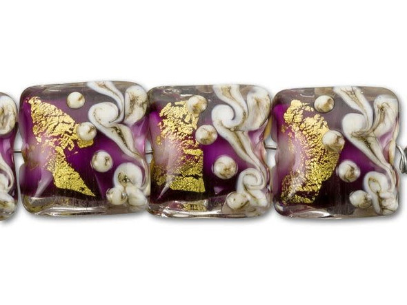 These beautiful Grace Lampwork beads are full of glorious color and patterns. These beads feature a puffed square shape and raised white bumps dotting their surface. The glass features berry purple color mixed with flecks of gold and swirling patterns of ivory and brown. These lovely beads truly are treasures.This item is handmade, so appearances may vary. Length 15mm, Width 15-15.5mm