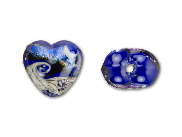 Show your love of the sea with this amazing Grace Lampwork heart bead. The medium heart-shaped bead is handmade from lampwork glass and features a romantic beach scene that's lit up by the dark blue night sky, glittering like a blanket of stars. With one white crashing wave and a striped nautilus shell that rises off its surface, this bead is perfect for bringing texture and rich color to any idea. Try it as the focal point of a necklace or bracelet laced with other black and blue pieces.This item is handmade, so appearances may vary. Depth 13-14mm, Length 18-19mm, Width 20mm