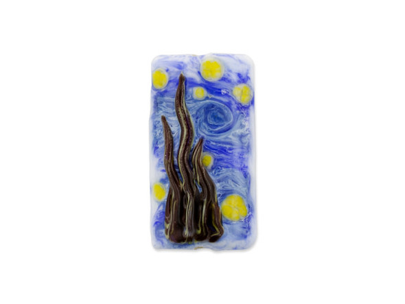 Bring the beauty of a starry night to your designs with this Grace Lampwork bead. This bead in inspired by the famous painting &ldquo;The Starry Night&rdquo; by Vincent van Gogh. This bead features a rectangular shape and a puffed dimension that will stand out in your jewelry designs. Showcase this bead in a stringing project, dangle it from a head pin for a quick pendant, and more. It will make a bold statement anywhere. This item is handmade, so appearances may vary. Dimensions: 39 x 21.5mm, Hole Size: 2.5mm