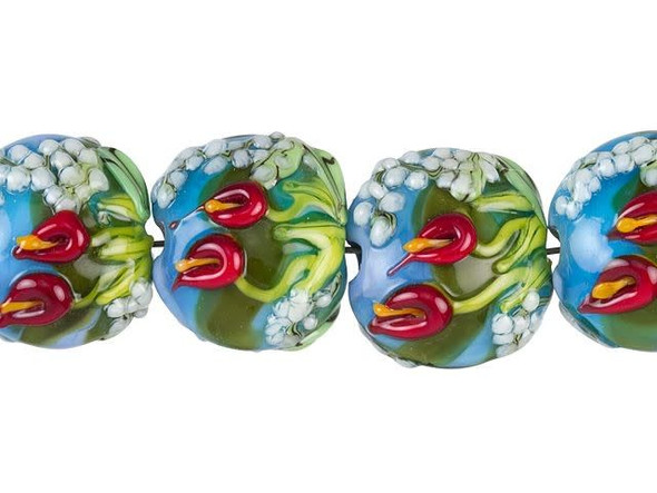 You'll love the blooming look of these Grace Lampwork beads. These beads are round in shape and feature a slightly puffed dimension. The surface is decorated with a raised design of red Calla Lilies surrounded by white Baby's Breath and green grass, with a blue sky background. This design is featured on both sides of each bead, so it will look great from any angle. Use these beads in necklaces, bracelets, or earrings for a fun springtime design. This item is handmade, so appearances may vary. Length 14-14.5mm, Width 15.5-17mm
