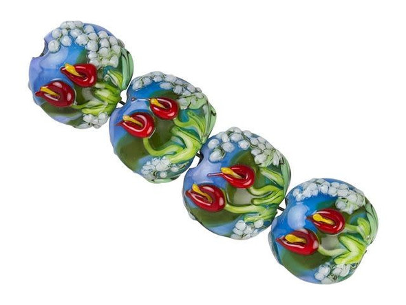 You'll love the blooming look of these Grace Lampwork beads. These beads are round in shape and feature a slightly puffed dimension. The surface is decorated with a raised design of red Calla Lilies surrounded by white Baby's Breath and green grass, with a blue sky background. This design is featured on both sides of each bead, so it will look great from any angle. Use these beads in necklaces, bracelets, or earrings for a fun springtime design. This item is handmade, so appearances may vary. Length 14-14.5mm, Width 15.5-17mm