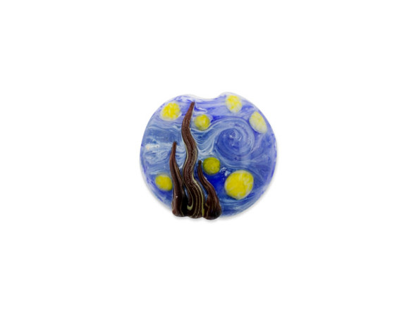 Bring the beauty of a starry night to your designs with this Grace Lampwork bead. This bead in inspired by the famous painting &ldquo;The Starry Night&rdquo; by Vincent van Gogh. This bead features a circular lentil shape and a puffed dimension that will stand out in your jewelry designs. Showcase this bead in a stringing project, dangle it from a head pin for a quick pendant, and more. It will make a bold statement anywhere. This item is handmade, so appearances may vary. Diameter: 25mm, Hole Size: 2.5mm
