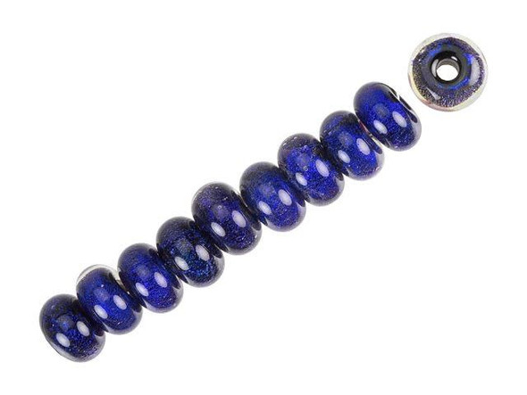 Bring the bold style of blue to your designs. These Grace Lampwork beads feature deep blue color that lights up from within. The beads feature a classic roundel shape that will work in a variety of styles. Try them as spacers in necklaces and bracelets or make them the focal of an earring design. They would look great contrasted with bright silver in a winter-themed design, or use them in an ocean theme.This item is handmade, so appearances may vary. Diameter 10-10.5mm, Length 5.5-6mm