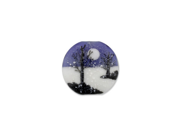 Let it snow with this Grace Lampwork bead.  This bead features a circular lentil shape with a slightly domed front. The front features a scene of winter trees against a blue night sky with white snow on the ground and fluttering in the air. The back is flat and undecorated. String this bead onto a head pin for a fun pendant or use it at the center of a bracelet. It would also look great surrounded by bead embroidery. This item is handmade, so appearances may vary. Dimensions: 25 x 10mm, Hole Size: 2.5mm