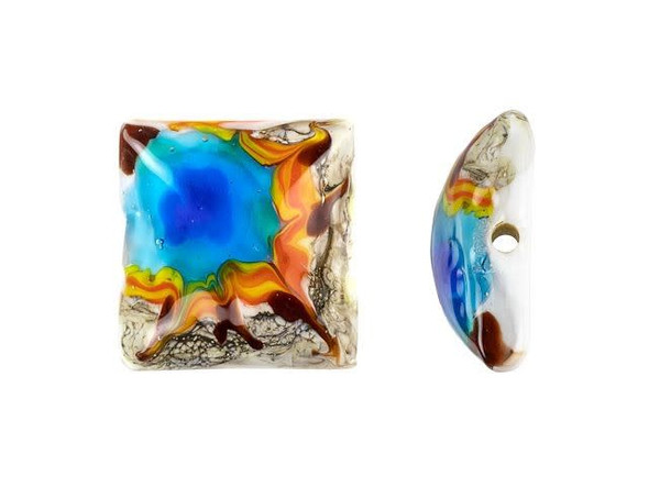 Showcase nature's beauty in your designs with this Grace Lampwork bead. This bead features a square shape. The front is decorated with a colorful design inspired by the Yellowstone Midway Geyser Basin. The front of this bead is also slightly domed, so it will stand out even more. The back is flat and plain. String this bead onto a head pin for a quick pendant or try it at the center of bead embroidery. This item is handmade, so appearances may vary.