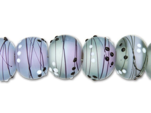 Put a touch of whimsical style into your projects with the Grace Lampwork Lilac Tea Party roundel beads. These rounded beads feature frosted light purple and gray glass decorated with black lines and black and white dots. These elegant and sophisticated beads have the perfect amount of fun style to spice up your designs. These beads feature a versatile size that will work well in necklaces and bracelets.This item is handmade, so appearances may vary. Diameter 12.5mm, Hole Size 2.6mm/10 gauge, Length 8-8.5mm