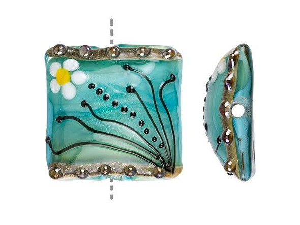 Outstanding style can be yours with this Grace Lampwork bead. This bead features a square shape with a domed front. The front is decorated with a white and yellow daisy and black swirls and dots. The inside of the glass shimmers with a glittering seafoam color. The back is flat and undecorated. String this bead onto a head pin for a quick pendant or try it at the center of bead embroidery. This item is handmade, so appearances may vary.Hole Size 2.6mm/10 gauge, Length 27mm, Width 28mm