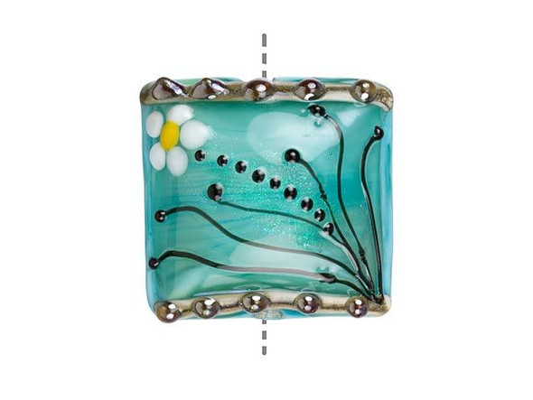 Outstanding style can be yours with this Grace Lampwork bead. This bead features a square shape with a domed front. The front is decorated with a white and yellow daisy and black swirls and dots. The inside of the glass shimmers with a glittering seafoam color. The back is flat and undecorated. String this bead onto a head pin for a quick pendant or try it at the center of bead embroidery. This item is handmade, so appearances may vary.Hole Size 2.6mm/10 gauge, Length 27mm, Width 28mm