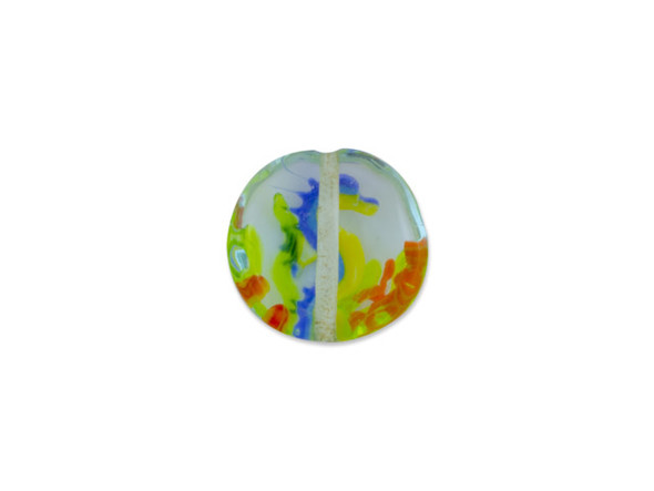 Bring the beauty of the sea to your designs with this Grace Lampwork bead. This bead is circular in shape and features a domed dimension on the front that allows the design to stand out even more.  The front is decorated with a raised design of a blue and yellow seahorse among green seaweed and orange coral. The back is flat and smooth so it will rest comfortably when worn. You can use this bead as a focal in bead embroidery or string it onto a head pin for a quick pendant. This item is handmade, so appearances may vary Dimensions: 25mm, Hole Size: 2.5mm