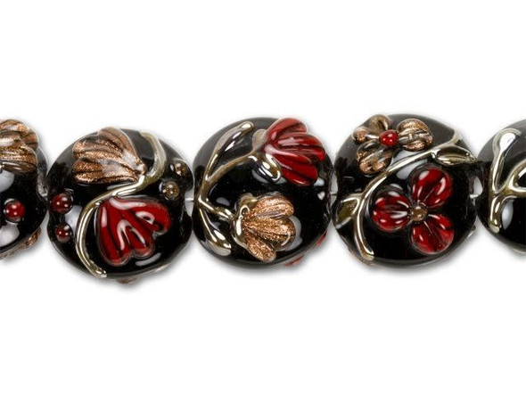 Enchanting style fills the Grace Lampwork copper shadow floral lentil bead strand. These round disc-shaped beads have a puffed dimension that will stand out in designs. The black beads feature a raised design of flowers with dark gold stems. Some flowers have red petals while others display shimmery copper petals. Designs vary from each bead on the strand. These elegant and chic beads are perfect for luxurious jewelry designs. They are versatile in size, so you can use them in necklaces and bracelets.This item is handmade, so appearances may vary.