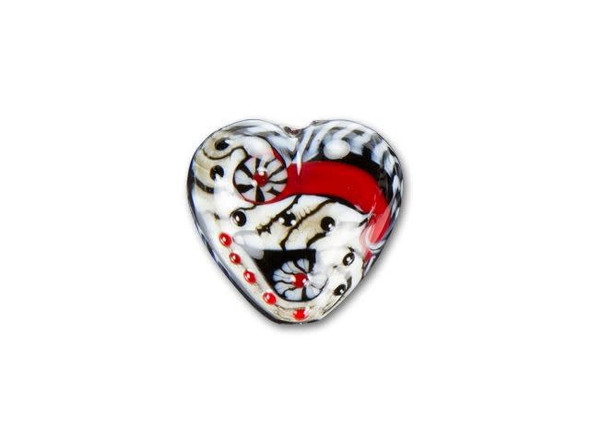 For cozy style, try the Grace Lampwork Dakota quilt heart focal bead. This heart-shaped glass bead features quilt-like patterns of stripes and raised dots in black, white, red and cream. The stringing hole runs from the top of the heart to the bottom, so you can add this bead to a head pin and turn it into a pendant for quick style. Use it in rich, romantic color palettes.This item is handmade, so appearances may vary. Length 18.5-19mm, Width 19.5mm