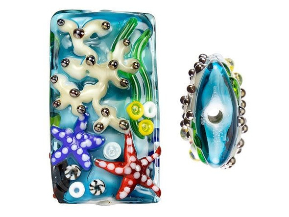 Dive deep into the beauty of the ocean with our Grace Lampwork "Under the Sea" focal bead. The intricate designs of the Sea Star and Coral will have you feeling like you're swimming with the colorful school of tropical fish. Made from high-quality glass, this stunning rectangular-shaped bead is perfect for your next DIY craft or handmade jewelry project. Bring the mesmerizing colors and details of the ocean to your creations with our "Under the Sea" focal bead and create a unique piece that expresses your love for nature.