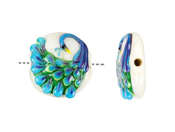 Stand out with fascinating style using this Grace Lampwork bead. This bold bead is round in shape and the front features a puffed dimension. The back is plain and flat, so it will lay nicely. The front is decorated with a peacock, whose tail feathers fan out in fascinating detail. String this bead onto a head pin to turn it into a pendant or showcase it at the center of a bead embroidery project. The purple, blue and green colors of the peacock would certainly stand out among golden tones.This item is handmade, so appearances may vary. Length 24.5-25.5mm, Width 25.5-26mm