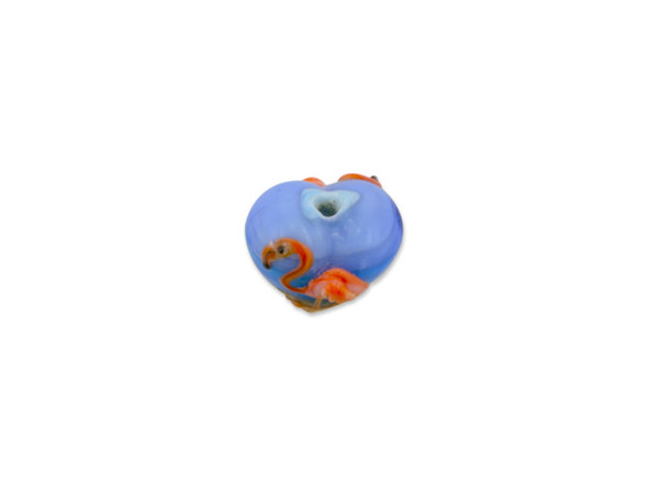 You&rsquo;ll love the look of this Grace Lampwork bead. This bold focal is shaped like a heart and features a puffed dimension.  It is decorated with a raised design of a pink flamingo in front of a brown and blue background. This design is featured on both sides, so it will look great from any angle. The stringing hole runs vertically through the heart, so you can turn it into a pendant with a head pin or simply string it into designs. This item is handmade, so appearances may vary Dimensions: 19 x 18mm, Hole Size: 2.5mm