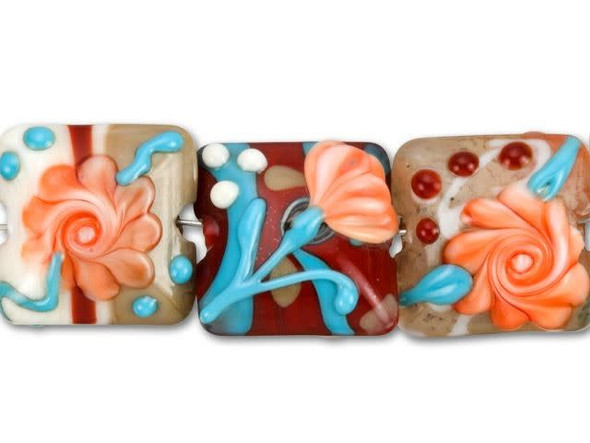 For looks in need of a tropical flavor, get these Grace Lampwork pillow beads. These lovely handmade glass beads each display a puffy square shape, detailed with a tropic mix of sherbet, turquoise and red with sandy brown touches. These cool colors are mixed together to create different flower shapes. Use these beads in jewelry as fun focal pieces paired with matching bright colors.This item is handmade, so appearances may vary. Length 17-18mm, Width 17-18mm