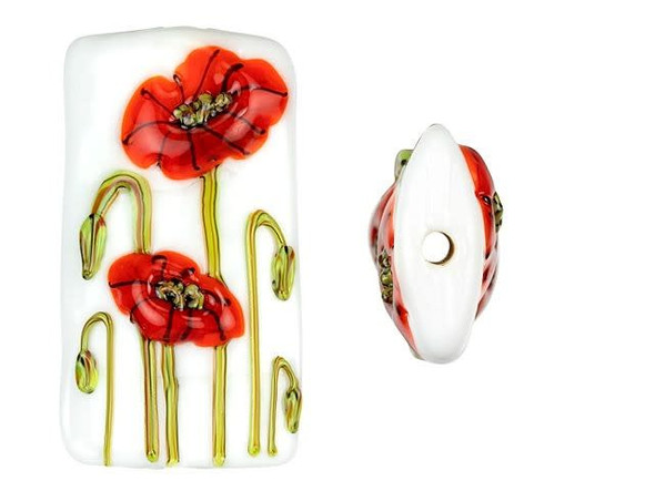 An eye-catching spring scene fills this Grace Lampwork bead. This bead features a rectangular shape and a puffed dimension that will stand out in your jewelry designs. Both sides are decorated with a scene of red poppy flowers on a white background. You'll love how these flowers stand out on each bead. Showcase this bead in a stringing project, dangle it from a head pin for a quick pendant, and more. It will make a bold statement anywhere. This item is handmade, so appearances may vary.