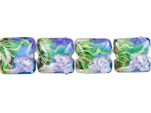 Get lost in the beauty of the ocean with these stunning Grace Lampwork Sea Jellies Pillow Beads. Each of these four beads features an enchanting pale purple jellyfish in front of vibrant green seaweed on the ocean floor. With their puffed, square pillow shape, these one-of-a-kind glass beads are perfect for bringing a touch of nature into your DIY jewelry designs. Add them to a chic bracelet or make them the focal point of your next project. Handmade with love, each bead is unique and may vary in appearance. Approximate length of each bead is 15-16mm. Indulge in the alluring charm of the sea with these irresistible beads from Grace Lampwork.