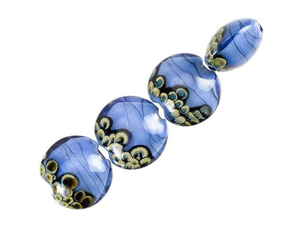 Add the soothing style of these Grace Lampwork beads to your style. These beads feature a puffed round shape, perfect for showcasing in necklaces, bracelets, or even earrings. They display waves of soft blue color. Swirling patterns on the end of each bead complete the look. They would look wonderful in ocean themes along with other blue tones.This item is handmade, so appearances may vary. Diameter 15mm, Length 11-12mm