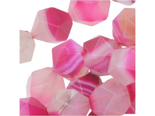 Playful style fills these Dakota Stones beads. These gemstone beads feature a round shape with a star cut filled with triangular facets. With 20 facets, a star cut gemstone enhances even the most intense colors. It makes a great complement to PRESTIGE bicones and you can try it in wire-wrapping projects, too. These beads are large in size, so you can easily showcase them in your jewelry designs. These beads feature beautiful hues of pink, from deep fuchsia to pale rose. This gemstone features a distinctive, high-contrast banding throughout the stone. Metaphysical Properties: Sardonyx is believed by some to improve memory and increase analytical skills. Because gemstones are natural materials, appearances may vary from bead to bead. Each strand includes approximately 40 beads. These stones have been dyed to produce vibrant color and pattern.