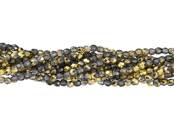 Introducing our exquisite Czech Glass 2mm Half Gold Fire-Polish Bead Strand by Starman! Immerse yourself in the captivating blend of smoky transparency and shimmering metallic gold. These round beads showcase diamond-shaped facets, infusing your creations with texture and depth. With their delicate size, these beads are perfect for adding bursts of color to your designs. Elevate your bead embroidery and create stunning spacers that exude elegance. Crafted from top-quality Czech glass, these beads are a treasure to behold. Unleash your creativity and let these beads paint your jewelry with a touch of enchantment.