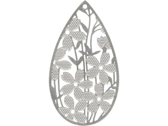 Silver Plated Filigree, Floral Teardrop, 45x25mm (6 Pieces)