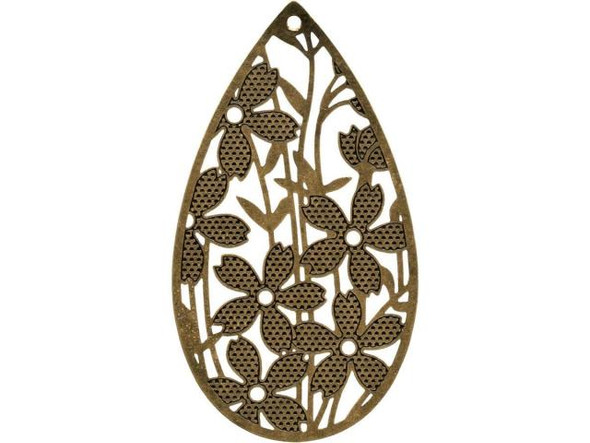 Antiqued Brass Plated Filigree, Floral Teardrop, 45x25mm (6 Pieces)