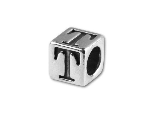 This quality sterling silver alphabet bead features the letter T printed on four sides. Made in the USA, this 4.5mm alphabet bead has a 3mm hole and is wonderful for beaded baby name bracelets, jewelry made with silver charms, and graduation jewelry and other items commemorating special events. This alphabet bead is among the finest quality you will find anywhere. The brilliant silver shine will complement any color palette.