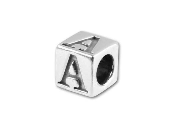 This quality sterling silver alphabet bead features the letter A engraved into four sides. Made in the USA, this 4.5mm alphabet bead features a wonderful cube shape that will stand out in your designs. You can use the wide stringing hole with thicker stringing materials, too. 