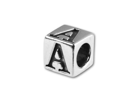 This quality sterling silver alphabet bead features the letter A engraved into four sides. Made in the USA, this 4.5mm alphabet bead features a wonderful cube shape that will stand out in your designs. You can use the wide stringing hole with thicker stringing materials, too. 
