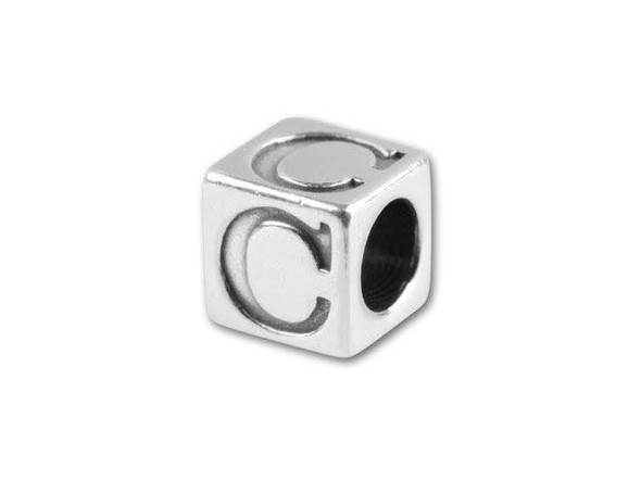 This quality sterling silver alphabet bead features the letter C engraved into four sides. Made in the USA, this 4.5mm alphabet bead features a wonderful cube shape that will stand out in your designs. You can use the wide stringing hole with thicker stringing materials, too. 