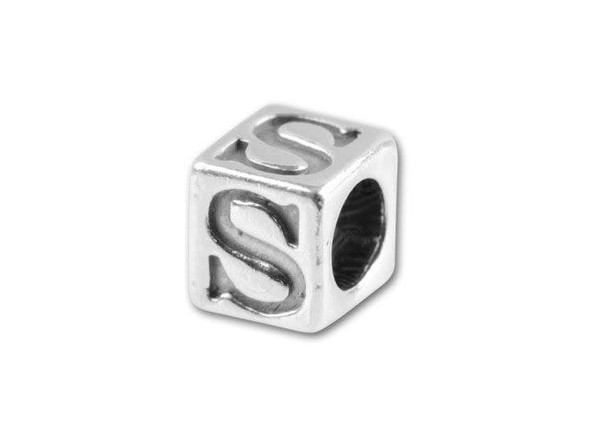 This quality sterling silver alphabet bead features the letter S engraved into four sides. Made in the USA, this 4.5mm alphabet bead features a wonderful cube shape that will stand out in your designs. You can use the wide stringing hole with thicker stringing materials, too. 