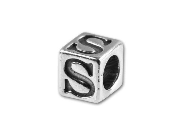 This quality sterling silver alphabet bead features the letter S engraved into four sides. Made in the USA, this 4.5mm alphabet bead features a wonderful cube shape that will stand out in your designs. You can use the wide stringing hole with thicker stringing materials, too. 