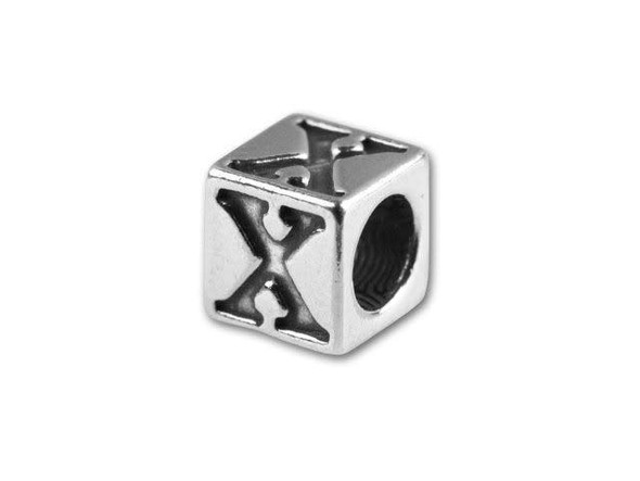 This quality sterling silver alphabet bead features the letter X engraved into four sides. Made in the USA, this 4.5mm alphabet bead features a wonderful cube shape that will stand out in your designs. You can use the wide stringing hole with thicker stringing materials, too. 