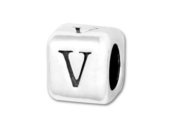 This quality sterling silver alphabet bead features the letter V printed on four sides. Made in the USA, this 4.5mm alphabet bead has a 3mm hole and is wonderful for beaded baby name bracelets, jewelry made with silver charms, and graduation jewelry and other items commemorating special events. This alphabet bead is among the finest quality you will find anywhere. The brilliant silver shine will complement any color palette.