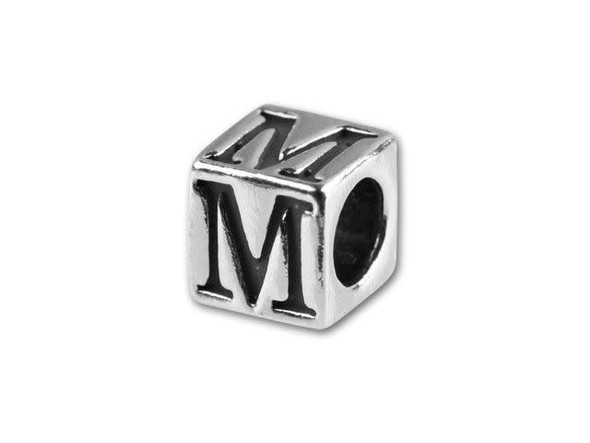 This quality sterling silver alphabet bead features the letter M engraved into four sides. Made in the USA, this 4.5mm alphabet bead features a wonderful cube shape that will stand out in your designs. You can use the wide stringing hole with thicker stringing materials, too. 