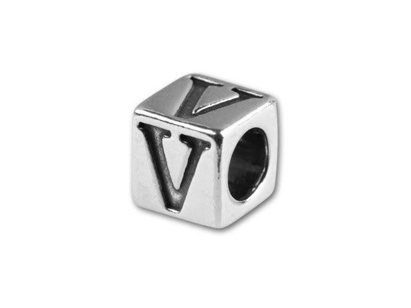 This quality sterling silver alphabet bead features the letter V engraved into four sides. Made in the USA, this 4.5mm alphabet bead features a wonderful cube shape that will stand out in your designs. You can use the wide stringing hole with thicker stringing materials, too. 