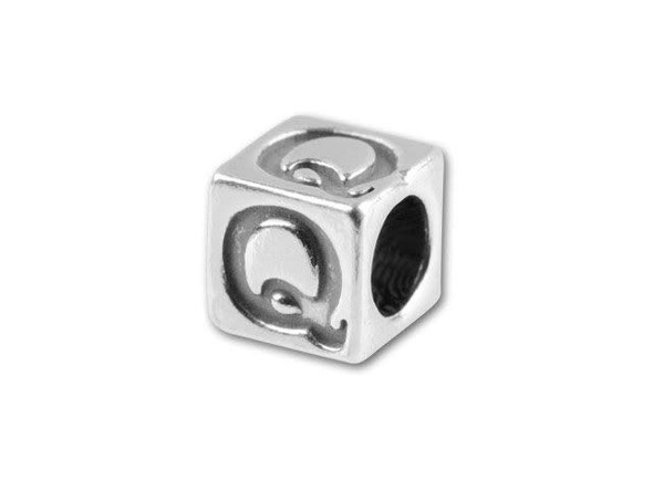 This quality sterling silver alphabet bead features the letter Q engraved into four sides. Made in the USA, this 4.5mm alphabet bead features a wonderful cube shape that will stand out in your designs. You can use the wide stringing hole with thicker stringing materials, too. 