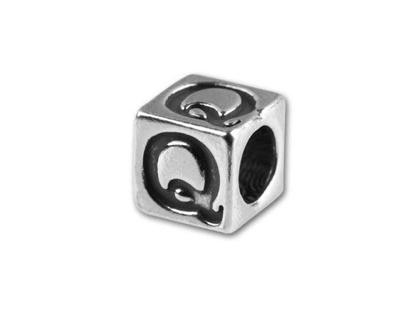 This quality sterling silver alphabet bead features the letter Q engraved into four sides. Made in the USA, this 4.5mm alphabet bead features a wonderful cube shape that will stand out in your designs. You can use the wide stringing hole with thicker stringing materials, too. 