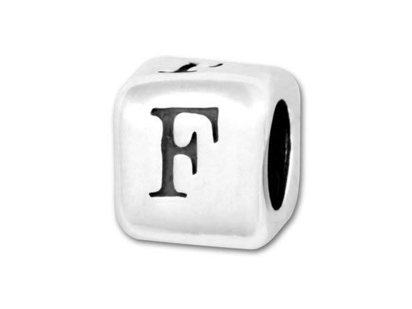 This quality sterling silver alphabet bead features the letter F printed on four sides. Made in the USA, this 4.5mm alphabet bead has a 3mm hole and is wonderful for beaded baby name bracelets, jewelry made with silver charms, and graduation jewelry and other items commemorating special events. This alphabet bead is among the finest quality you will find anywhere. The brilliant silver shine will complement any color palette.