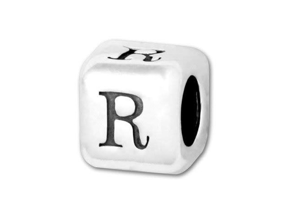 This quality sterling silver alphabet bead features the letter R printed on four sides. Made in the USA, this 4.5mm alphabet bead has a 3mm hole and is wonderful for beaded baby name bracelets, jewelry made with silver charms, and graduation jewelry and other items commemorating special events. This alphabet bead is among the finest quality you will find anywhere. The brilliant silver shine will complement any color palette.