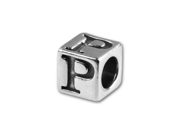 This quality sterling silver alphabet bead features the letter P engraved into four sides. Made in the USA, this 4.5mm alphabet bead features a wonderful cube shape that will stand out in your designs. You can use the wide stringing hole with thicker stringing materials, too. 