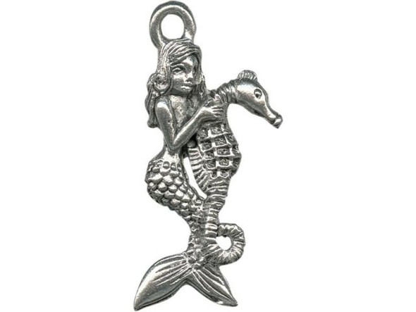 Antiqued Pewter Plated Charm, Cast, Mermaid with Seahorse (10 Pieces)