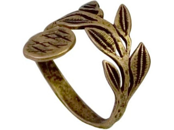 JBB Findings Antiqued Brass Plated Finger Ring Blank, Adjustable, Foliage Design (Each)
