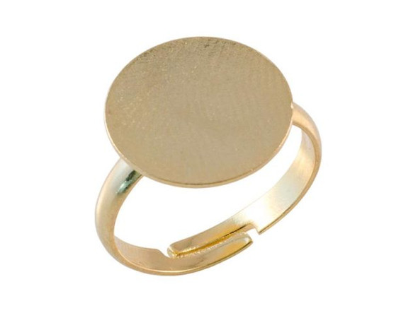 Gold Plated Finger Ring Blank, Adjustable, Glue-On, 15mm Pad (12 Pieces)