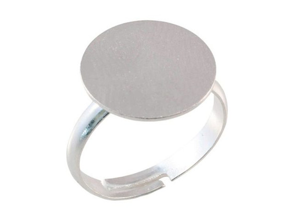 Silver Plated Finger Ring Blank, Adjustable, Glue-On, 15mm Pad (12 Pieces)