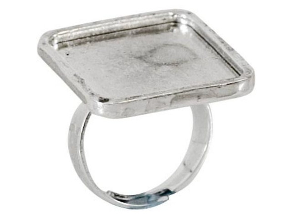 Silver Plated Finger Ring Blank, Adjustable, Bezel Square (Each)