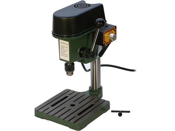   Benchtop Drill PressRecommendations:    We recommend using this tool with jewelry-sized drill bits that fit the wire gauges you most commonly work with. Use Cut Lube (#69-189) on your drill bits, and start the placement of each hole with a center punch (#69-239).A vice (#69-393) is essential for punching items that are domed/dimensional. For flat items, use a few different sized pieces of scrap wood as bases under your item, to safely drill into.Some items, such as shells, pearls, rock and beach glass, should be drilled underwater with a tungsten or diamond drill bit for 2 important reasons: to prevent harmful (and potentially toxic) dust from damaging your lungs or eyes, and to keep the item cool, preventing breakage. Experiment to find the small bowl or container that works best for your drilling purposes. A thick sponge in the container can provide the drilling surface for these items that must be drilled in water.Recommended Drill Bits:18 gauge wire: #69-190-59 Drill Bit #59/1.04mm20 gauge wire: #69-190-67 Drill Bit #67/0.81mm22 gauge wire: #69-190-71 Drill Bit #71/0.66mm24 gauge wire: #69-190-75 Drill Bit #75/0.53mmDrill Bit Set #69-046-PART:14 gauge wire: #52/1.61mm/0.063"17 gauge wire: #56/1.18mm/0.465"18 gauge wire: #60/1.01mm/0.04"20 gauge wire: #66/0.83mm/0.033"21 gauge wire: #70/0.71mm/0.028"23 gauge wire: #74/0.57mm/0.22"Diamond Bit Set #69-156-000:20 heads, fine to medium grit, perfect for grinding or texturing Safety Warnings      Always wear proper eye protection when using the drill  press.    Never wear loose clothing when operating the drill press.    Always operate with headstock cover attached.    Keep long hair tied back when operating drill press.    Always ground plug.    Never alter or tamper with original equipment.      Product Characteristics    This small, lightweight drill press is uniquely designed for  small precision applications. The single phase, adjustable speed  motor allows for control and ease of use.    Specifications      110 Volt    100 Watt    Jacobs Chucks    Max drill bit diameter: 6mm    Max travel: 1"    Max distance between work platform and chuck: 8"    Weight: 11lbs.      Assembly      Insert stand shaft into pedestal.    To adjust height, loosen clamp wrench and bring down headstock  to desired level and tighten clamp wrench.    Insert handle with knob into handle shaft.      RPM adjustment      Unplug drill press    Open headstock cover    Place belt as follows:            Top Wheels    8500 RPM          Middle Wheels    6500 RPM          Bottom Wheels    5000 RPM                    See Related Products links (below) for similar items and additional jewelry-making supplies that are often used with this item.
