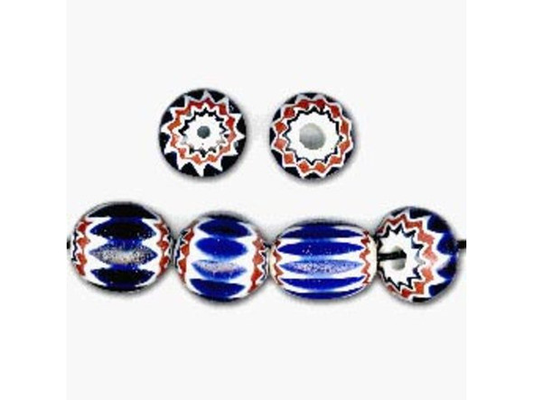 The chevron, or "rosetta," bead originated in Venice and became widely popular as a trade bead (used as currency) in Africa for centuries. Chevrons are created by building up several consecutive layers of color, and then grinding down the edges. The grinding exposes various layers of color, typically revealing a star (or "rosetta") pattern. Red, white and blue is the most typical color combination found in old chevrons, and this was the color combination most prevalently traded in West Africa. Even though the technology to make Venetian-style layered-glass chevrons did not exist in most of Africa until recently, the style gained such popularity that African-made beads of clay, bone and other materials were (and still are) sometimes painted or stained with chevron ("V"-shaped) designs.  We carry a wide variety of African beads, both old trade beads, and newer beads made or strung in Africa for the world-wide bead trade. Trade beads are old and/or used beads, and will show varying amounts of wear. Newly-made African beads are generally handmade in small communities. Style and availability vary.  See Related Products links (below) for similar items and additional jewelry-making supplies that are often used with this item.